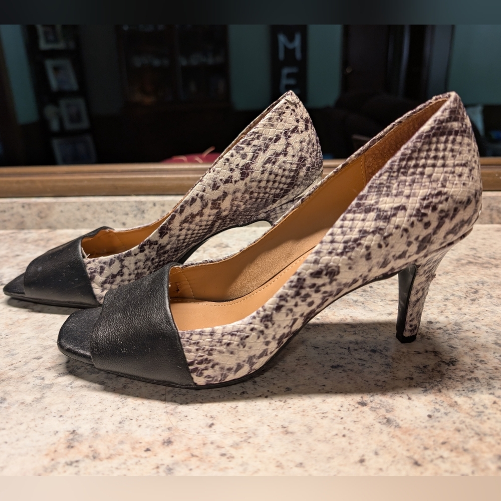Calvin Klein Nareen Spectator Snakeskin Patterned Peep-Toe Leather Pumps